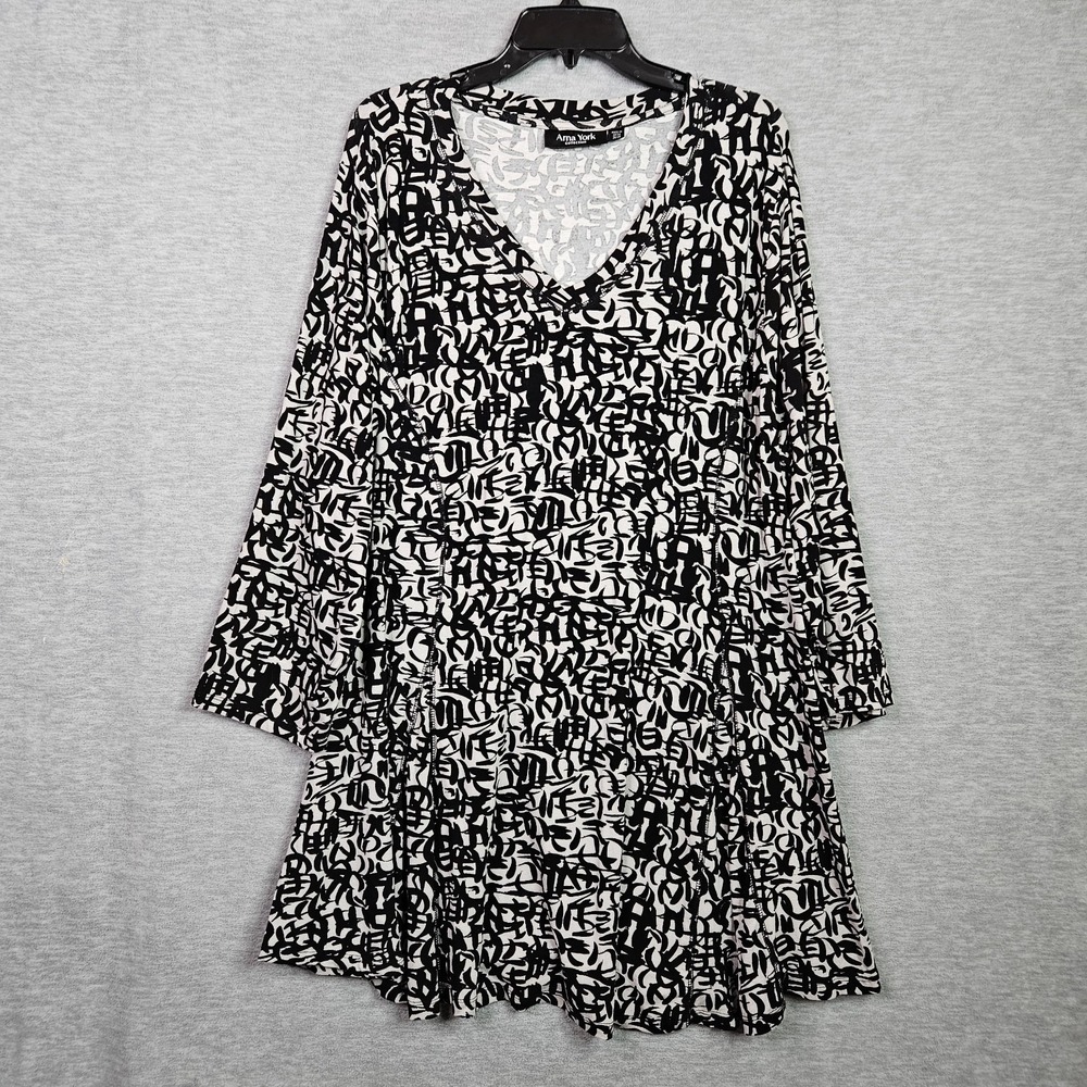 Arna York Dress Plus Sz 26/28 Black White Abstract Print V Neck Long Sleeve